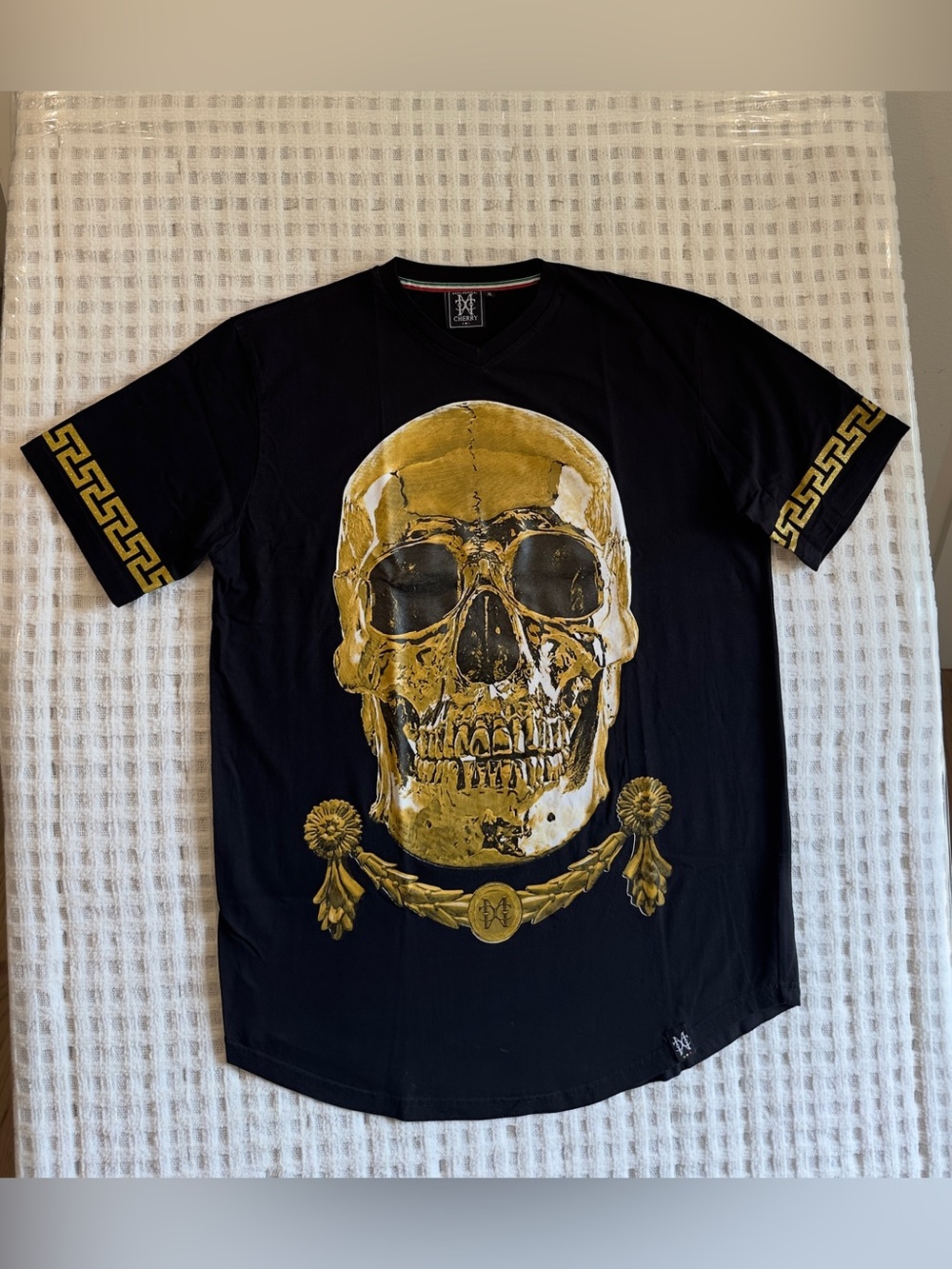 Michaels Black Tee with Gold Skull Graphic 33” Tall, 21” Wide, 9.5” Sleeve, XL